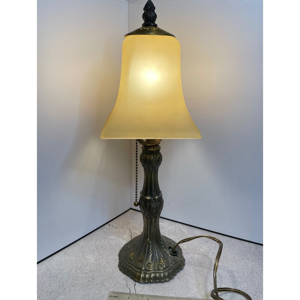 Vintage Desk Lamp Art Nouveau Brass Base Frosted Amber Glass Bell Shade - Picture 16 of 16